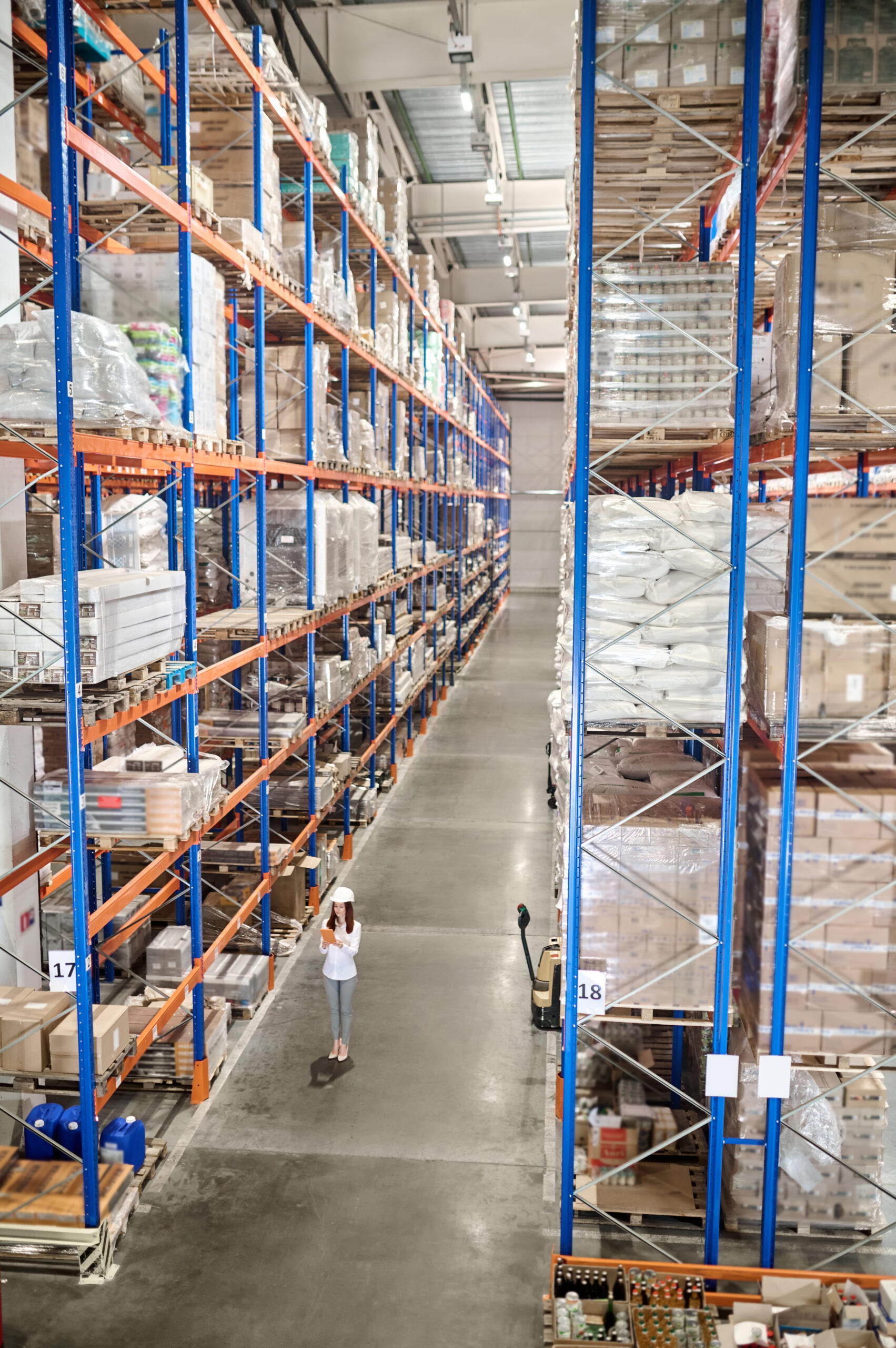 Large warehouse woman white protective helmet with tablet standing large industrial warehouse aisle high racks goods scaled
